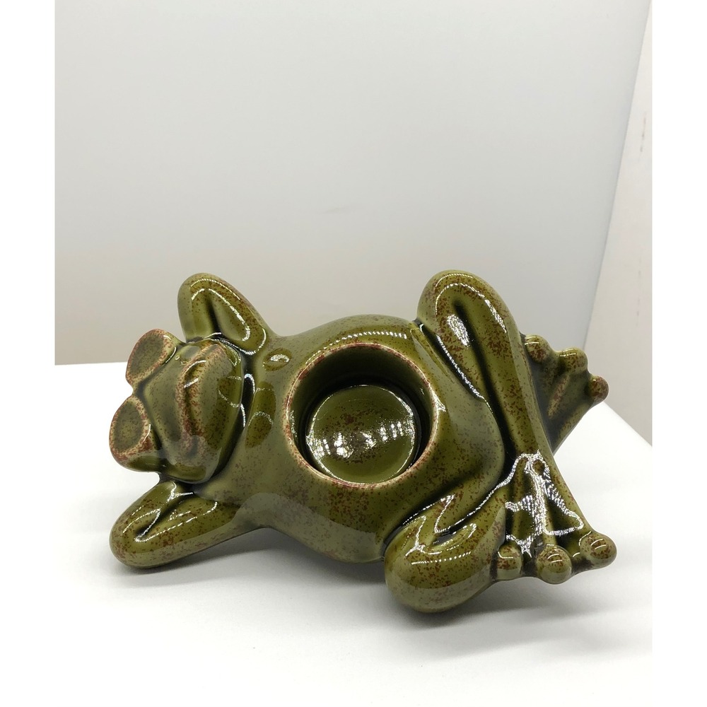 Green Ceramic Lounging Frog Tea Light Candle Holder Sunglasses Whimsical - Picture 5 of 9